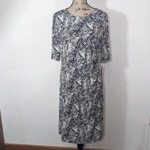 NWT Apt. 9 Dress Black White Geometric Elbow Sleeve Side Pleats Knee Length XL